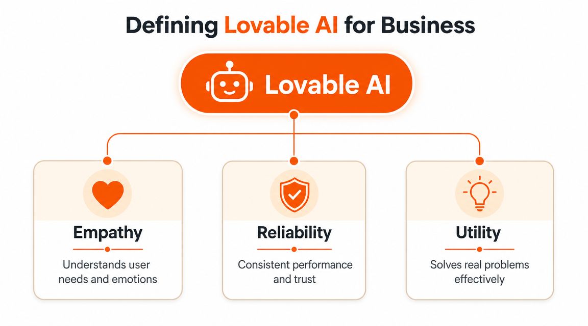 A diagram defining Lovable AI for business through the three core pillars of empathy, reliability, and utility.
