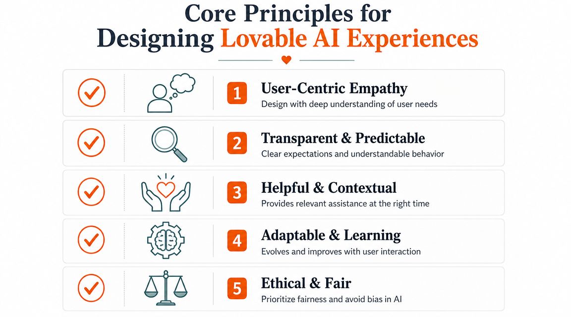 A graphic listing five core principles for designing lovable AI experiences, including empathy, transparency, and ethics.