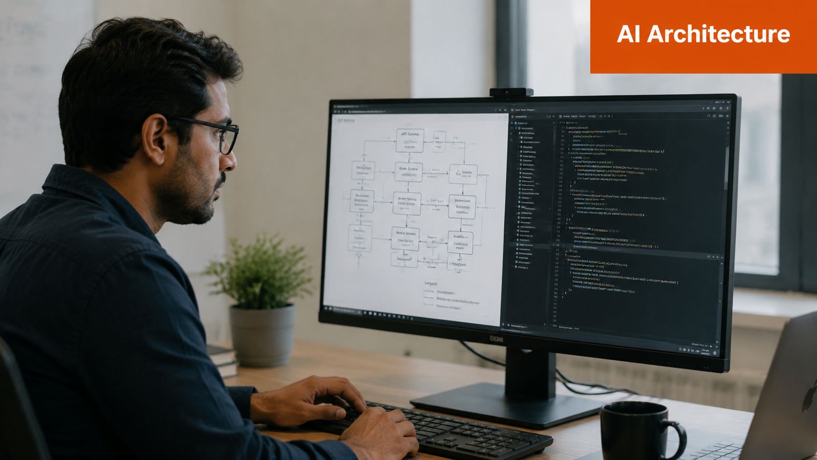 A professional software engineer working on artificial intelligence architecture design and programming on a dual monitor setup.