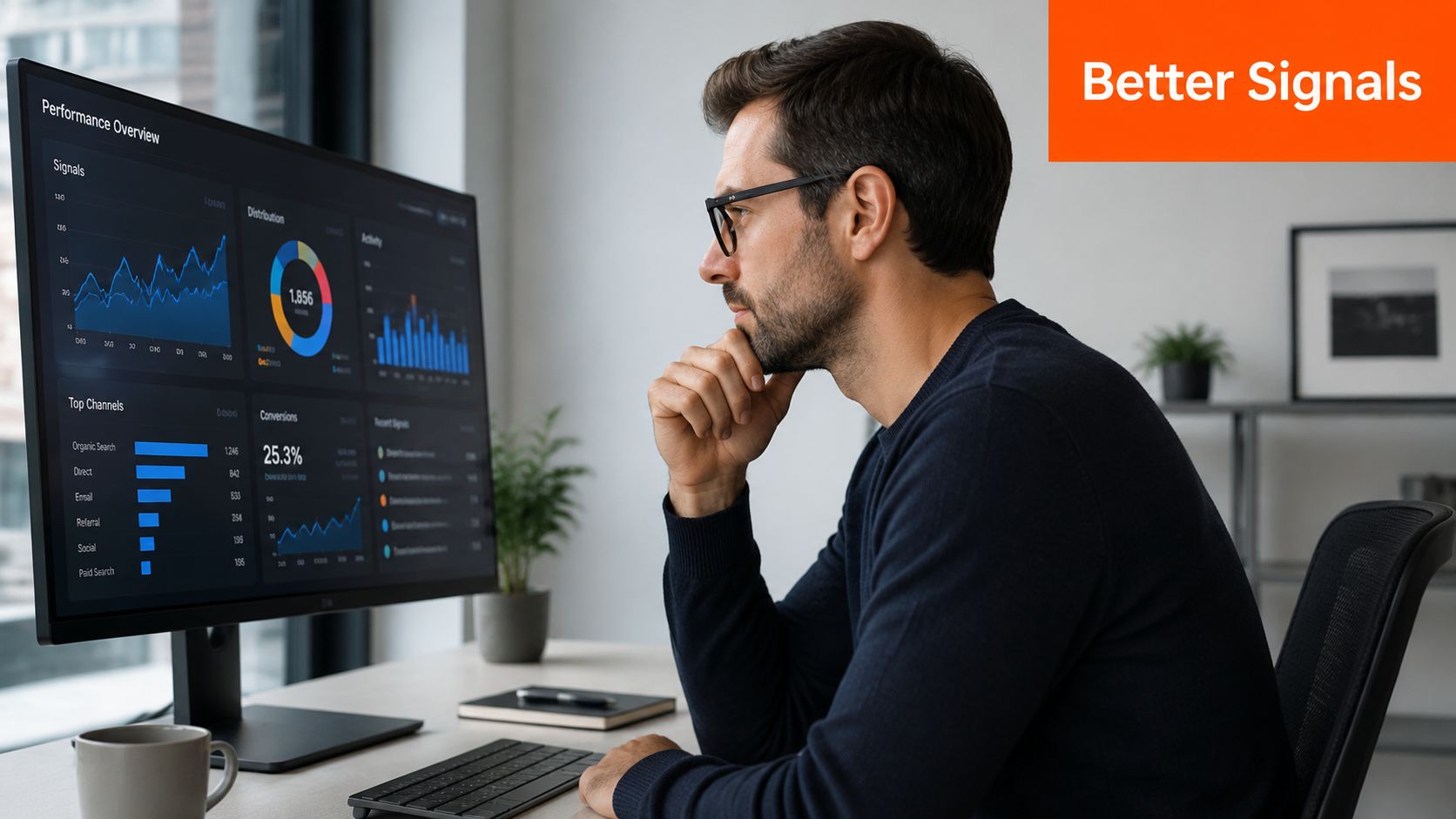 A professional analyzing data and performance metrics on a computer monitor in a modern home office setting.