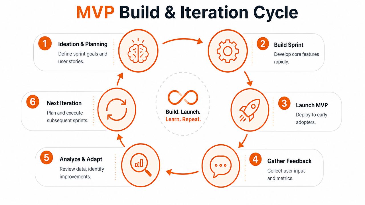 A circular diagram illustrating the six steps of the MVP build and iteration development cycle.