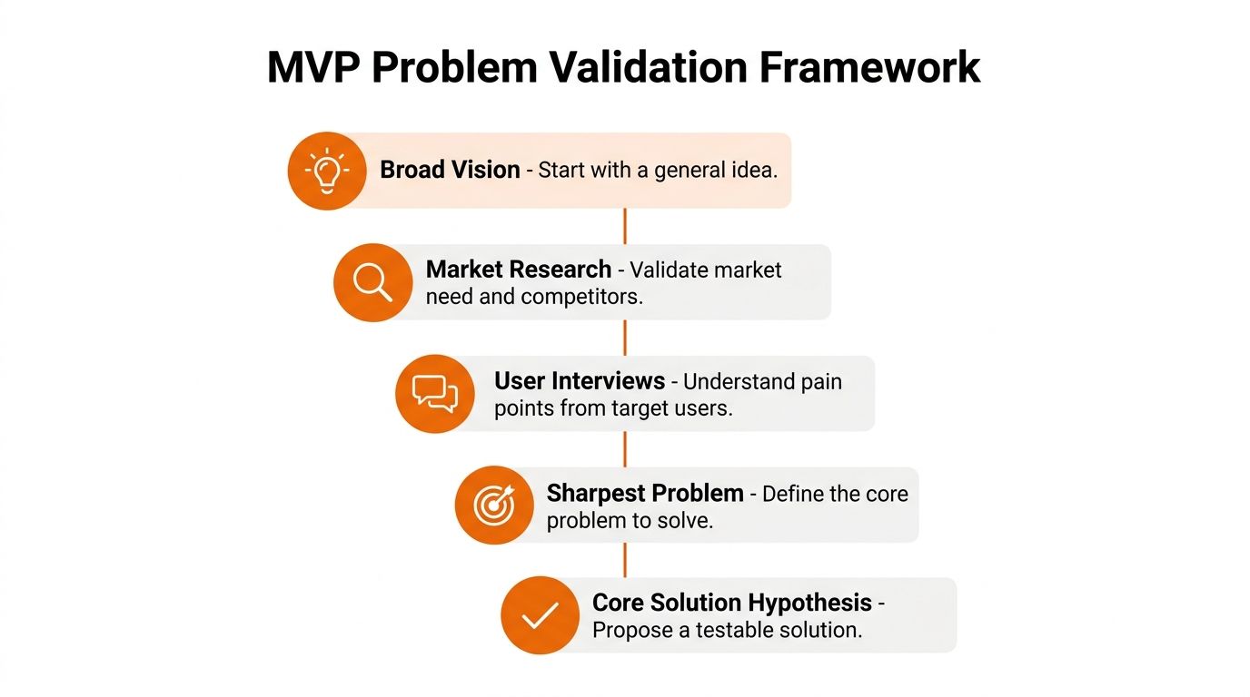 A flowchart diagram illustrating the five stages of an MVP problem validation framework for startup development.