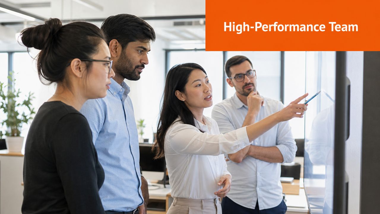 A diverse professional team collaborating on an interactive whiteboard in a modern office environment.