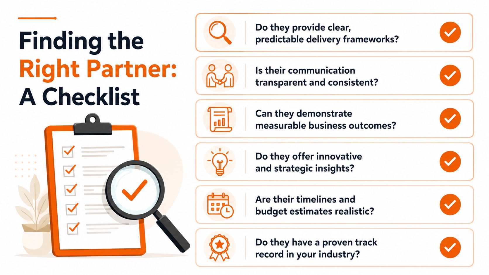A professional infographic checklist titled Finding the Right Partner outlining six key criteria for business selection.