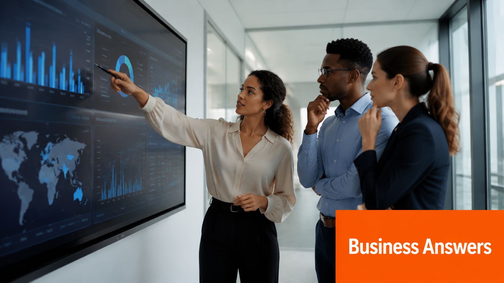 A diverse team of professionals analyzing data visualizations on a large screen during a business meeting.