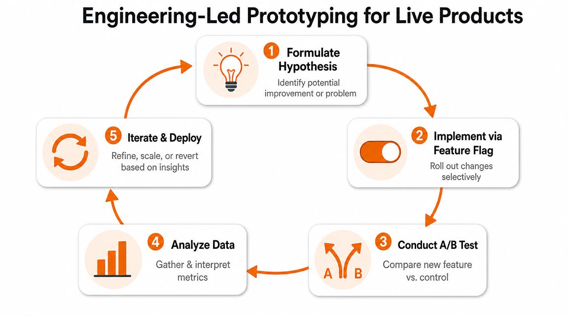 A circular flowchart illustrating the five steps of an engineering-led prototyping process for live digital products.