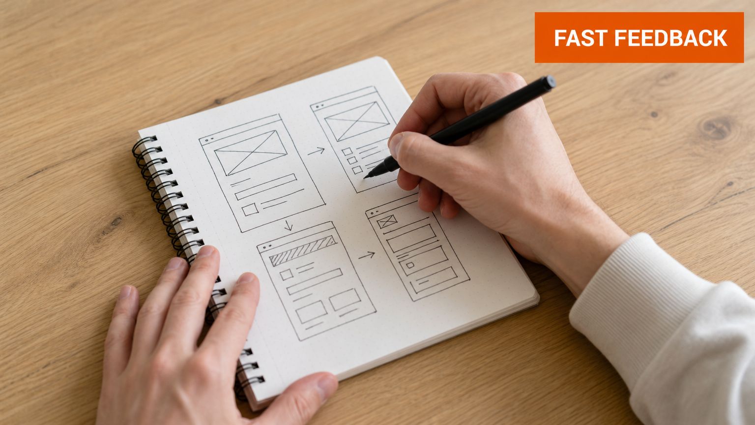 A person hand-drawing wireframe sketches for a website user interface in a spiral notebook on a desk.