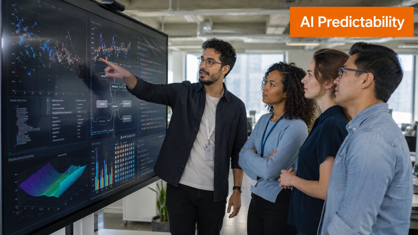 A diverse team of professionals collaboratively analyzing data visualizations on a large digital screen in an office.