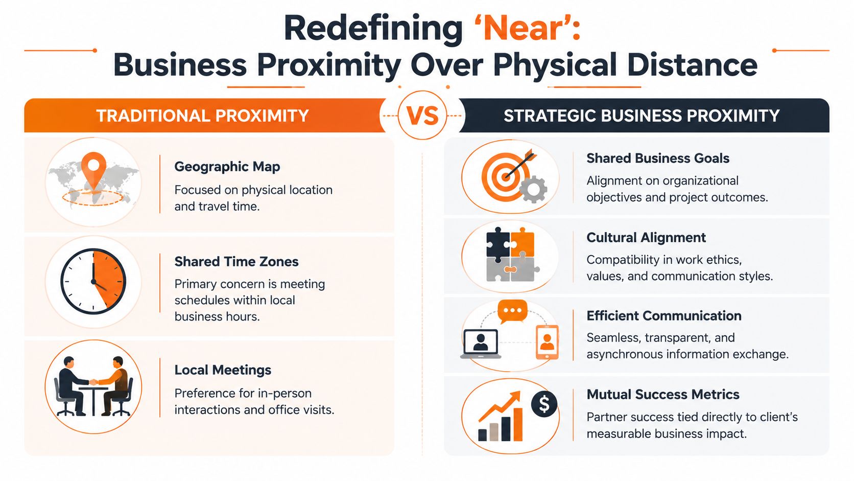 A comparison chart showing the evolution from traditional geographic proximity to strategic business proximity for modern partnerships.
