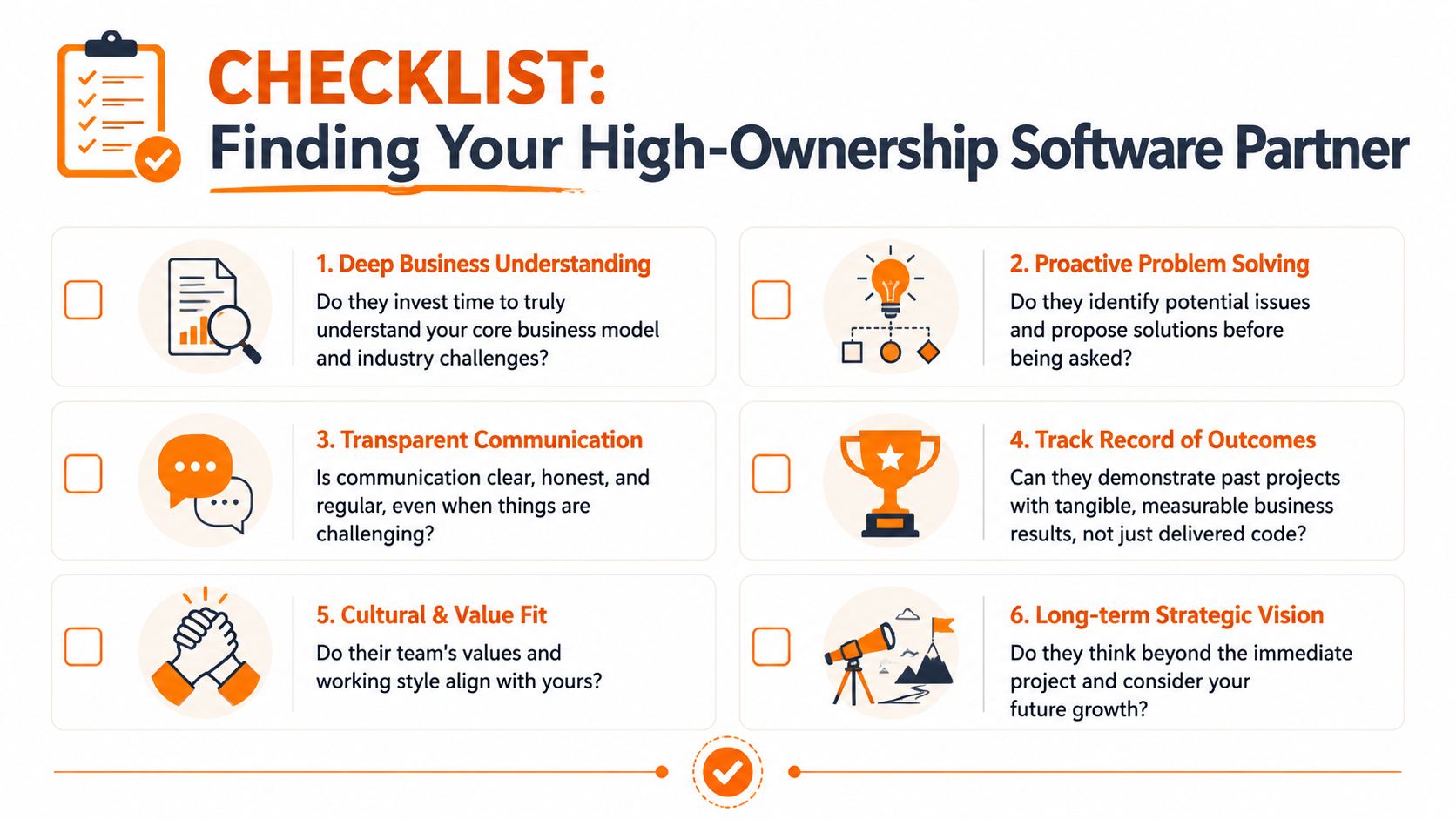 A checklist for selecting a high-ownership software development partner based on six essential business criteria.