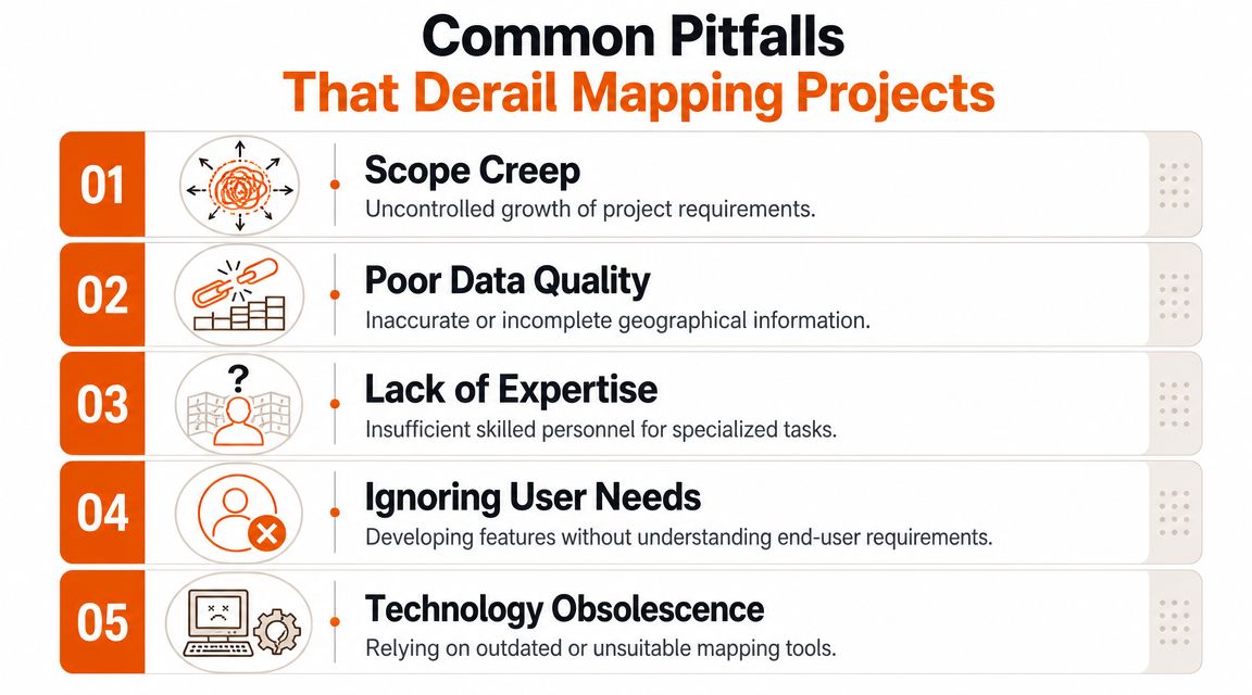 A list of five common pitfalls that can derail mapping projects, including scope creep and poor data.