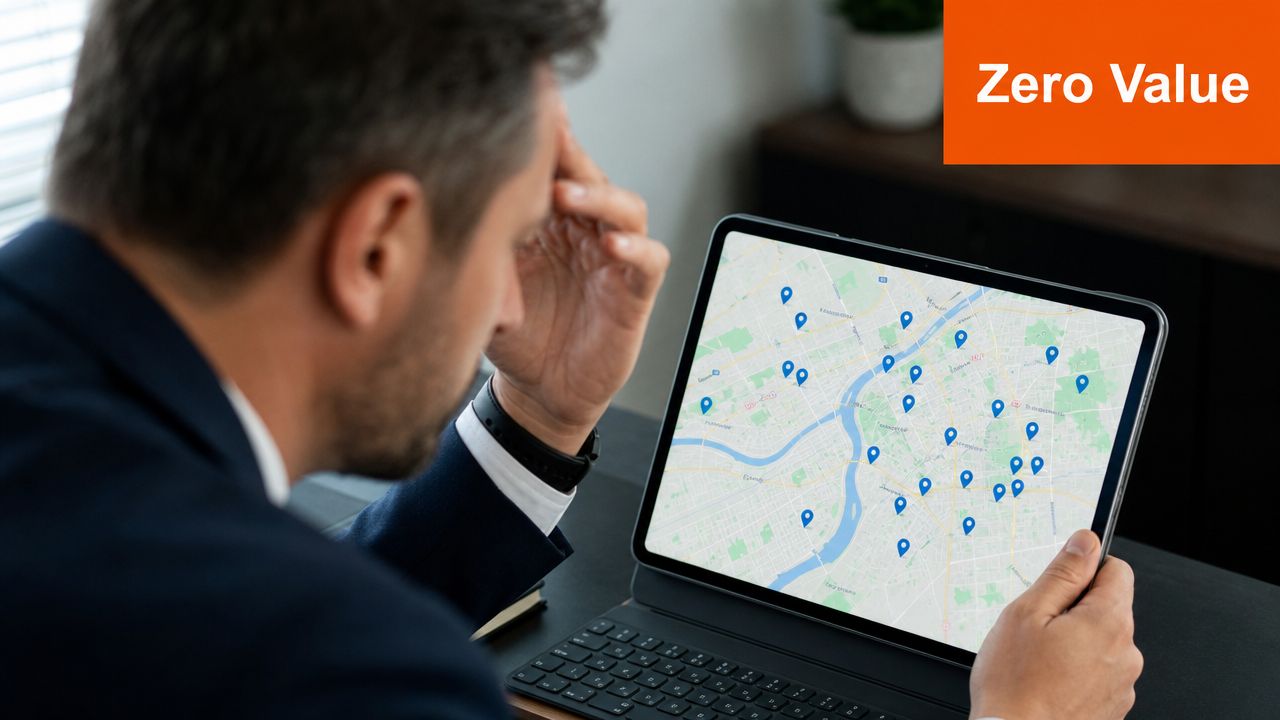 A stressed businessman looks at a tablet displaying a map with numerous location pin markers.