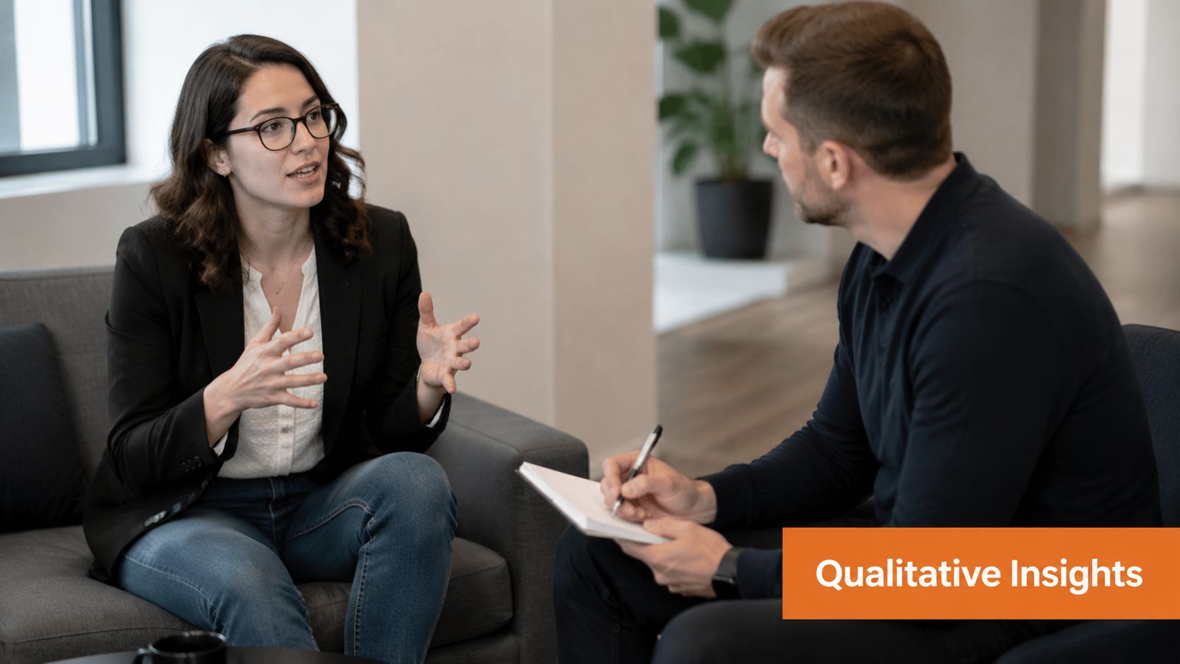 A professional woman explaining her ideas to a colleague who is taking notes during a qualitative interview.