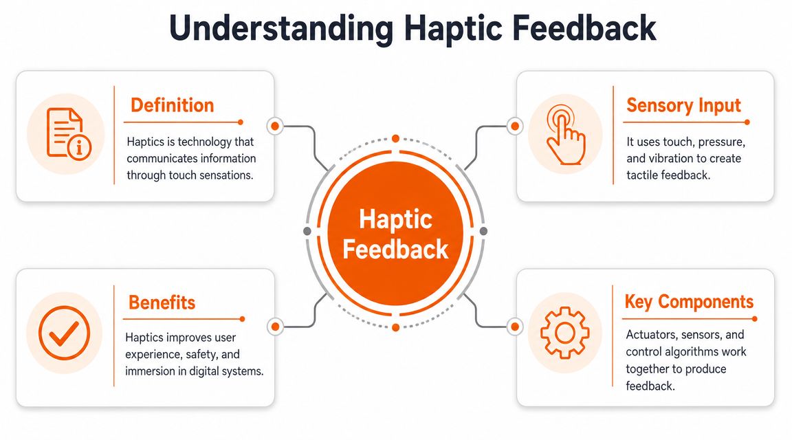A diagram illustrating haptic feedback, featuring key aspects such as definition, sensory input, benefits, and components.