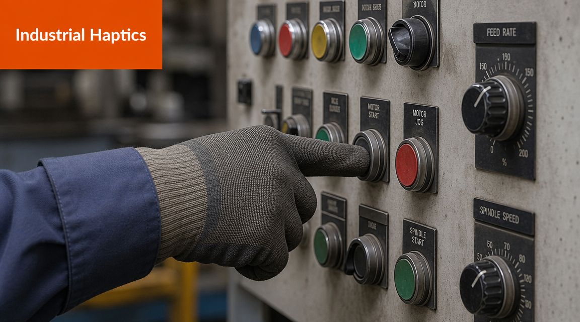 A close up of a gloved worker pressing a machine button on an industrial control panel.