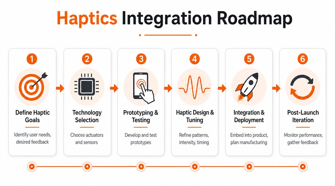 A six-step roadmap graphic illustrating the process of integrating haptic technology into product design and development.