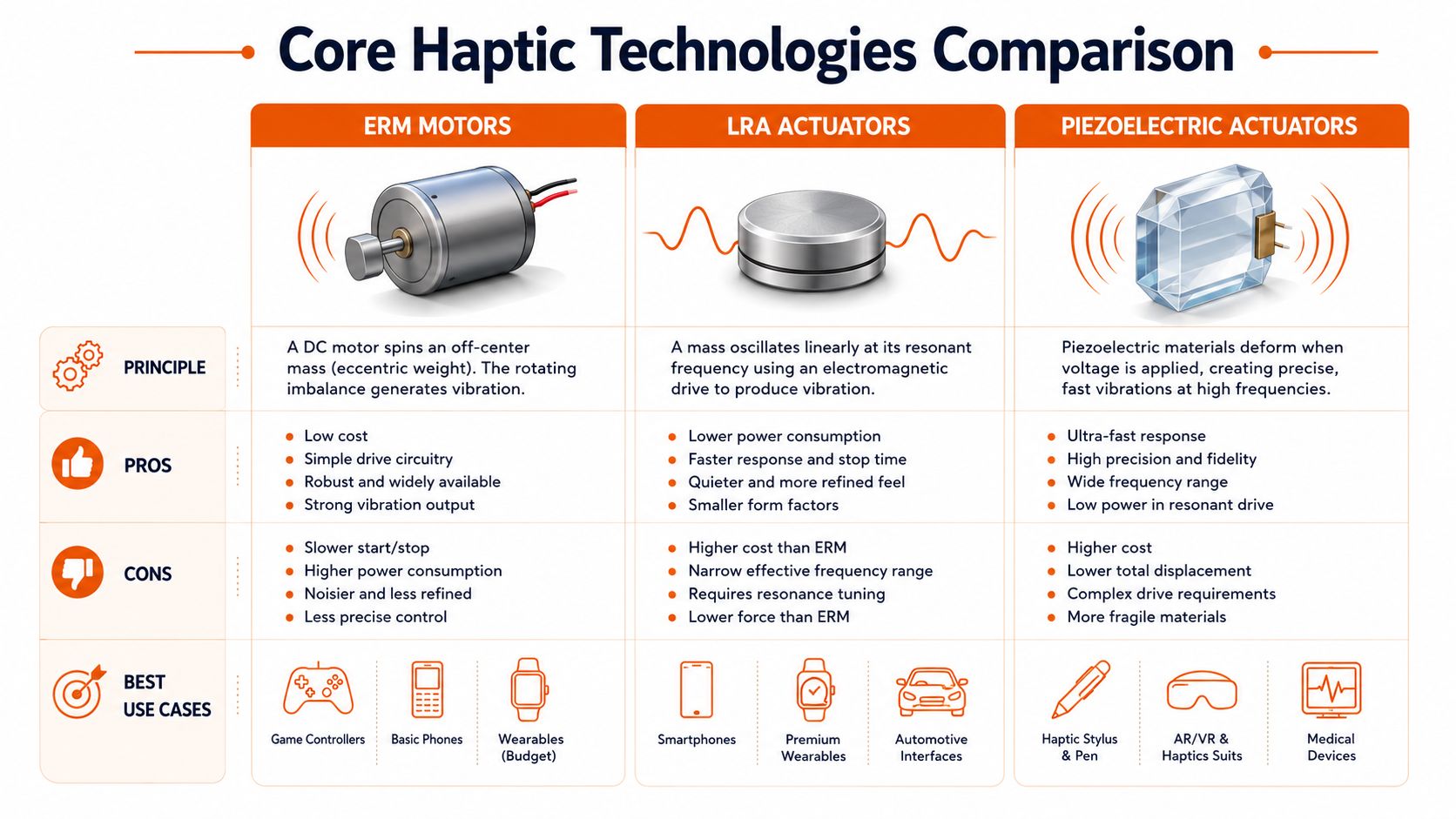 A comparison chart showing the principles, pros, cons, and best use cases for ERM, LRA, and piezoelectric haptic technologies.