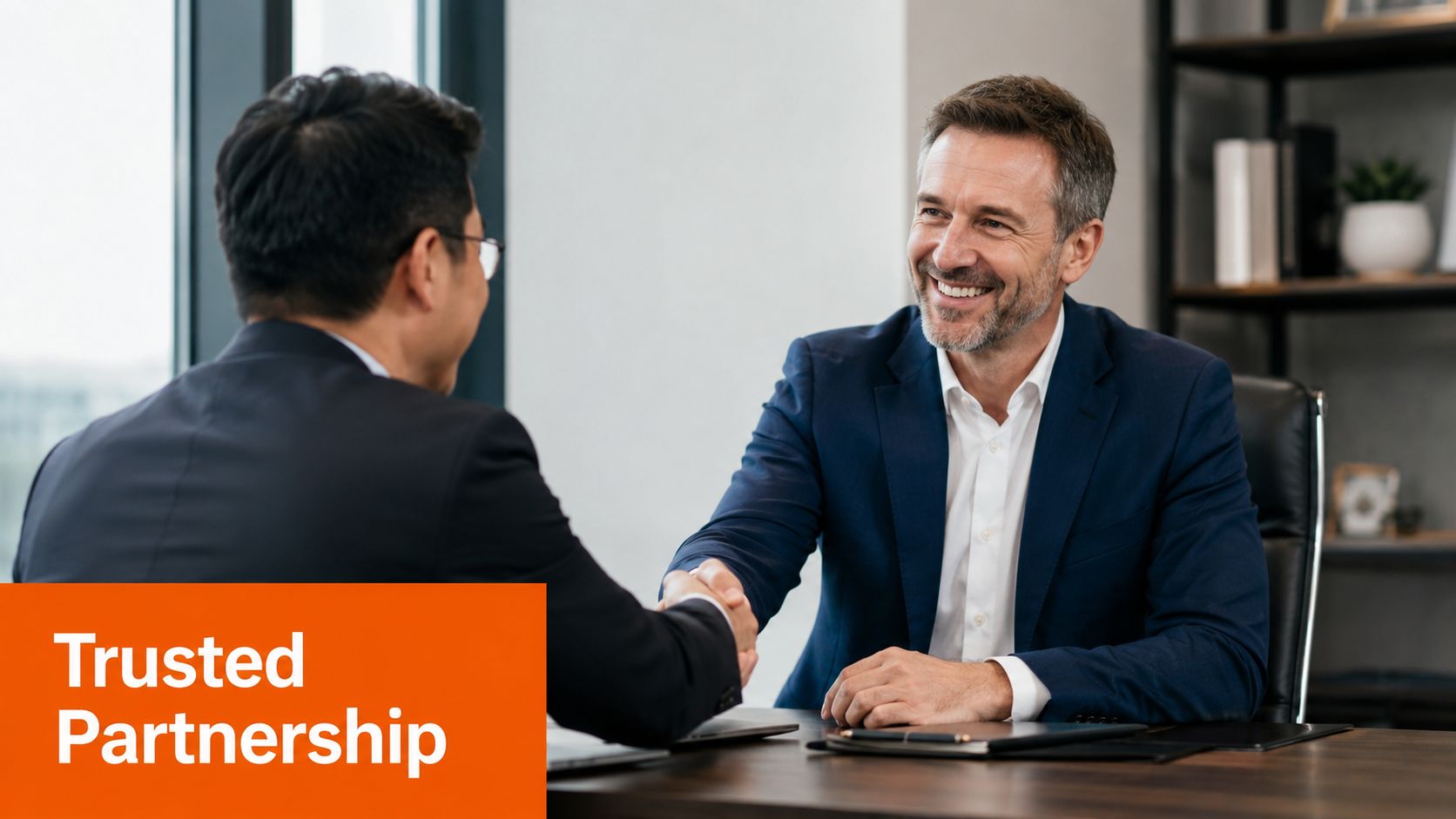 Two professional businessmen in suits shaking hands during a successful business meeting in an office setting.