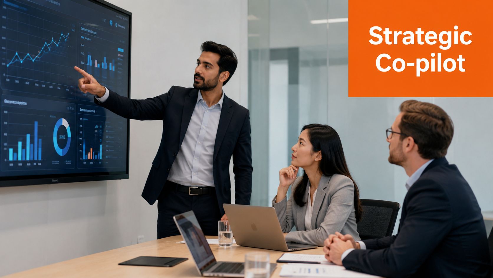 A professional business team collaborating during a presentation in a modern office with data analytics displayed.