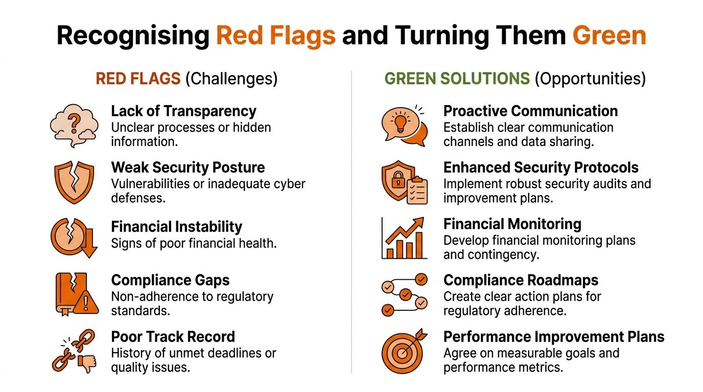 A comparison chart showing business red flags like security risks and their corresponding green solution improvements.