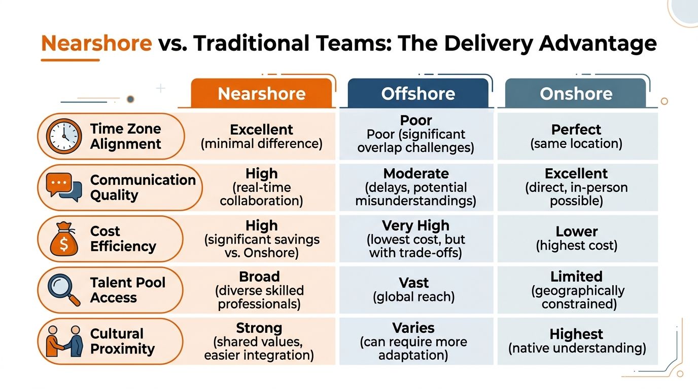 A comparison table outlining the key advantages of nearshore, offshore, and onshore software development team models.