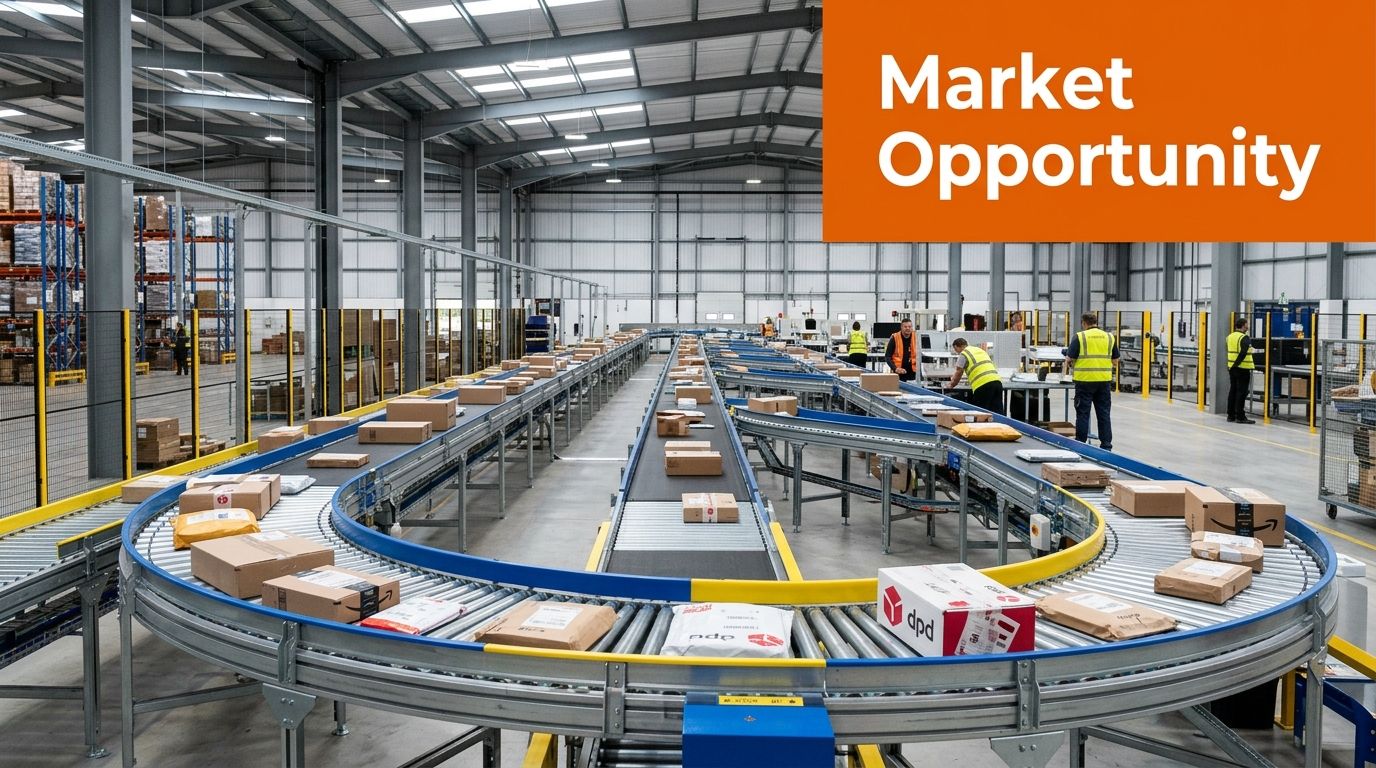 Workers in high-visibility vests sort packages on an automated conveyor belt system in a modern warehouse facility.