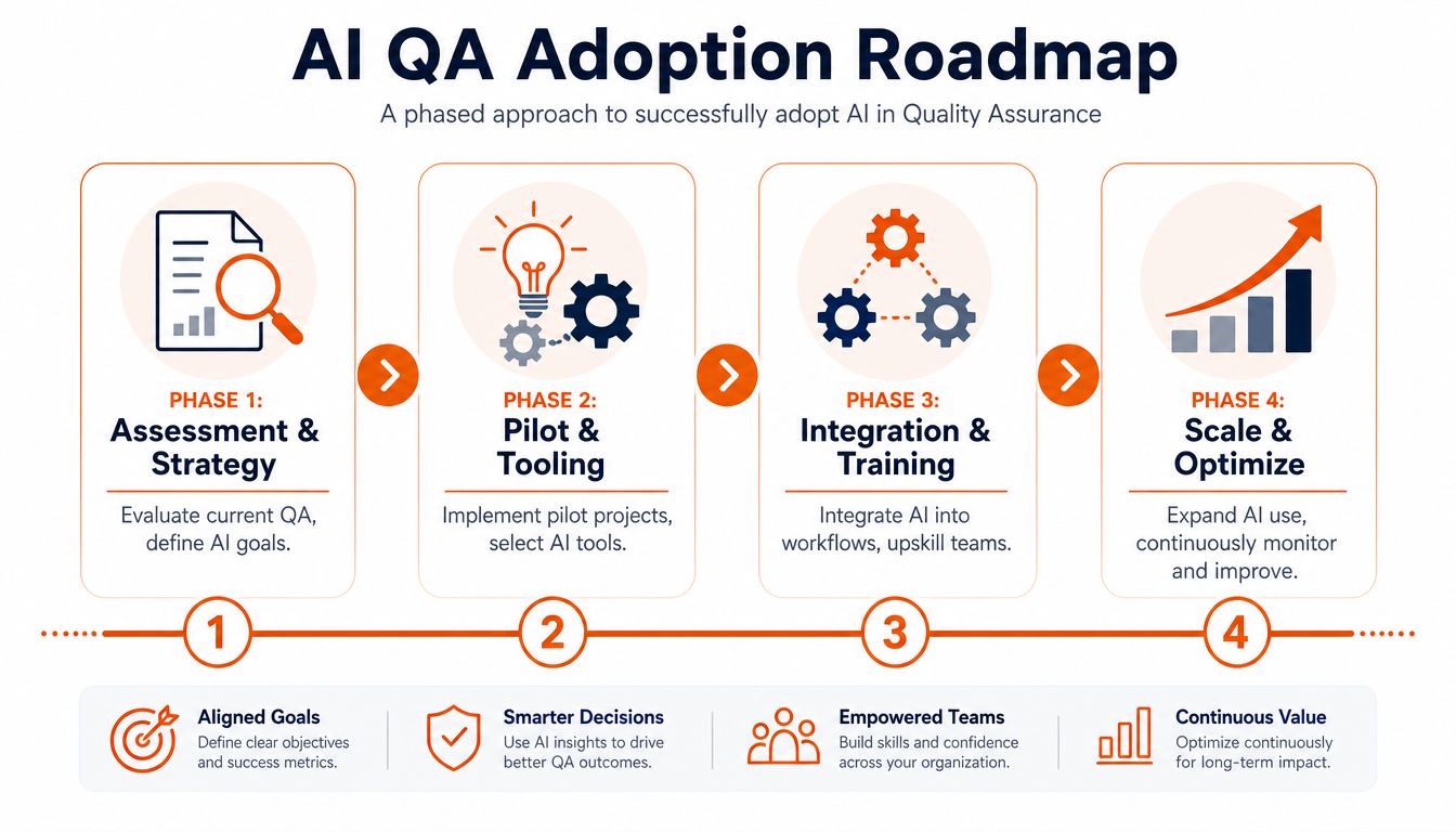 A diagram illustrating a four-phase roadmap for adopting artificial intelligence into quality assurance processes within an organization.