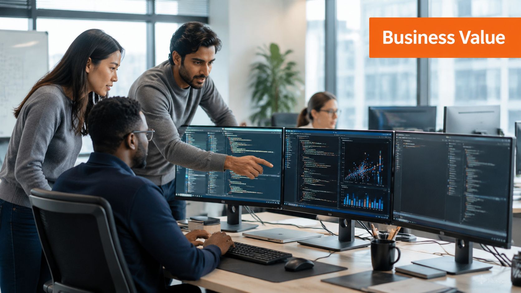 A professional team of software developers collaborating on coding tasks in a modern office workspace.