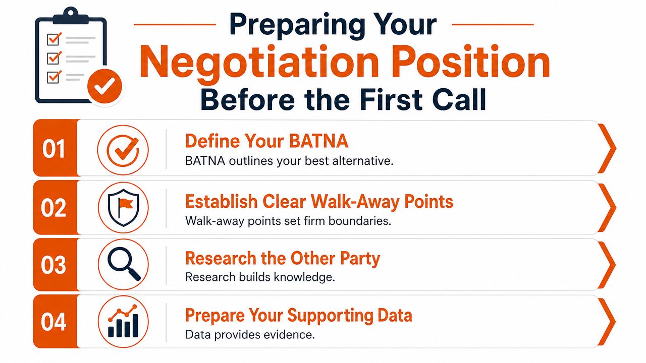 An infographic titled Preparing Your Negotiation Position outlining four essential steps before a negotiation call.