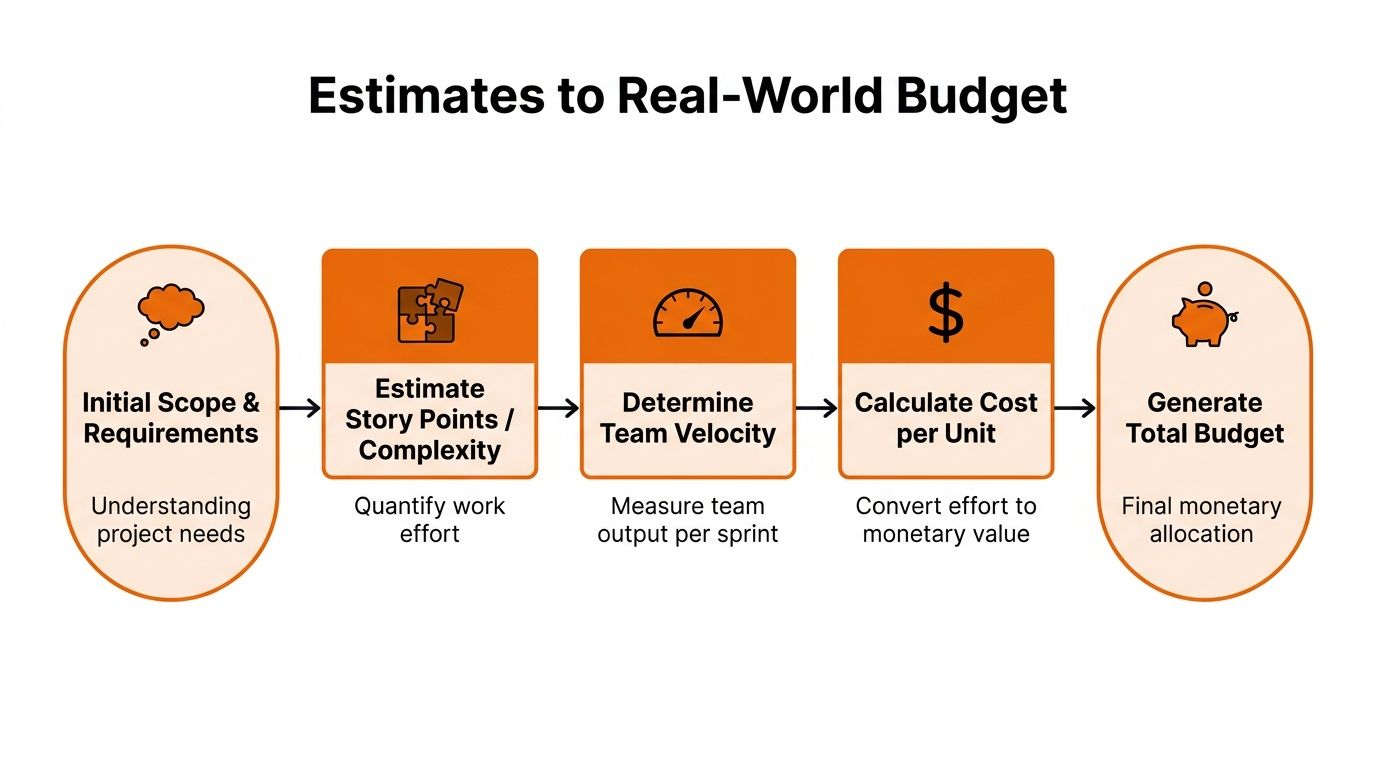 A flow chart illustrating the process of converting project effort estimates into a real-world monetary budget.