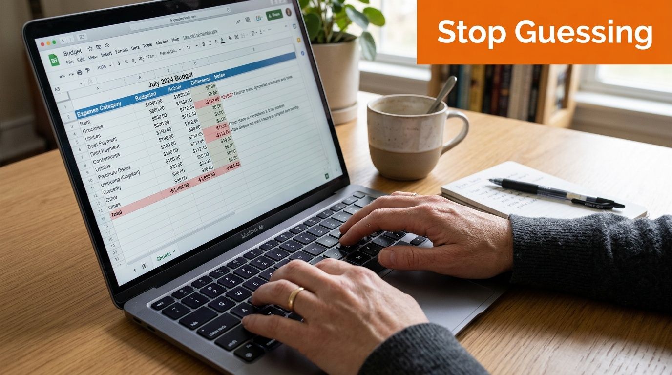 A person working on a budget spreadsheet on a laptop, calculating cost estimation for software projects.