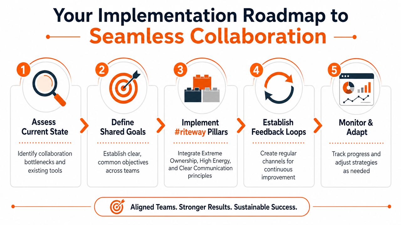 A five-step roadmap infographic for achieving seamless cross-functional collaboration and sustainable team success.