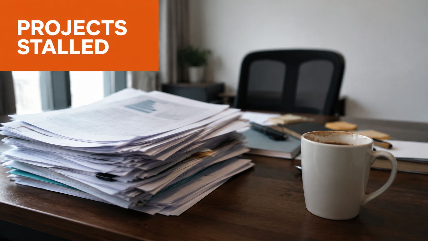 A large stack of paper documents sits on an office desk next to a coffee mug.