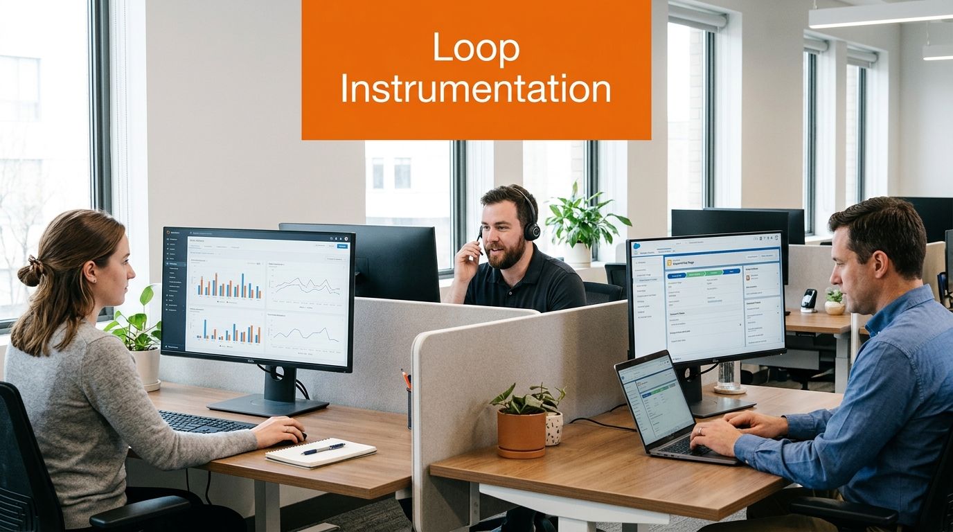 A professional team working in a modern office space, collaborating while using computers and digital dashboards.