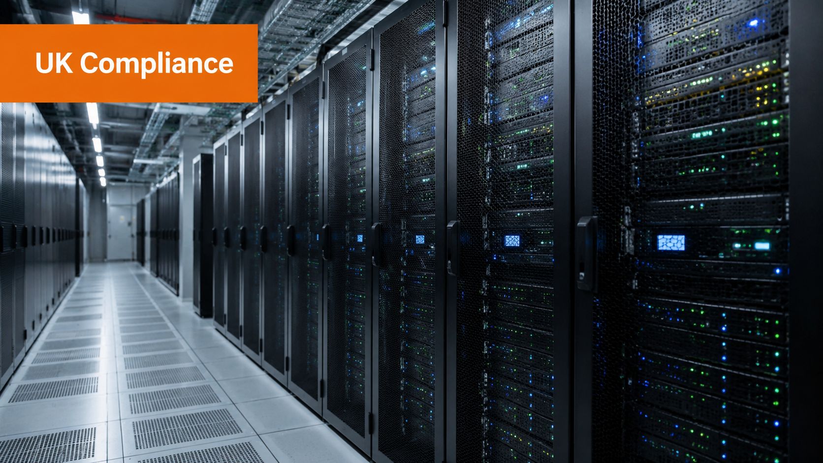 A secure data center aisle with rows of server racks, highlighting UK compliance and data management.