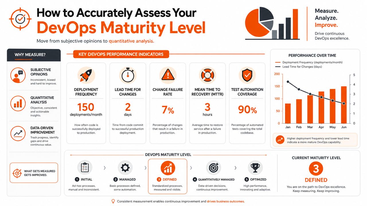 An infographic titled How to Accurately Assess Your DevOps Maturity Level explaining metrics and maturity stages.