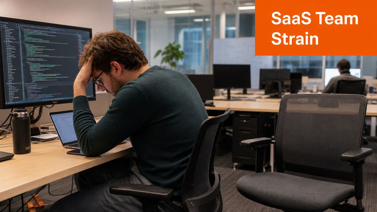 A stressed software engineer sitting at a desk in an office while coding on multiple screens.