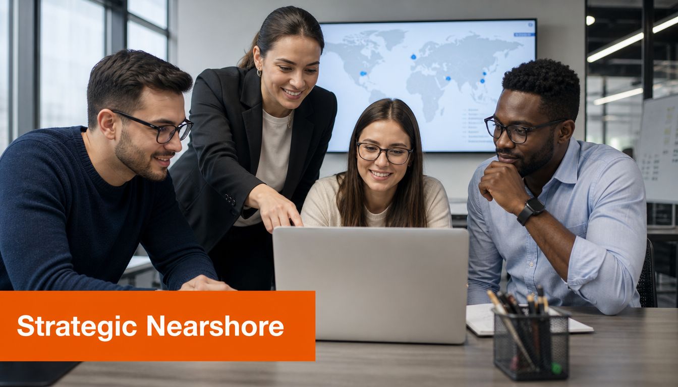 A diverse team of professionals collaborating on a project using a laptop in a modern office.