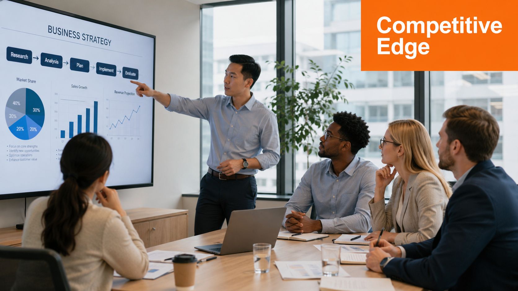 A professional man presents a business strategy on a screen to his attentive colleagues in a boardroom.