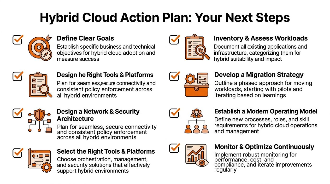 A structured checklist of steps for implementing a hybrid cloud strategy for business and technical operations.