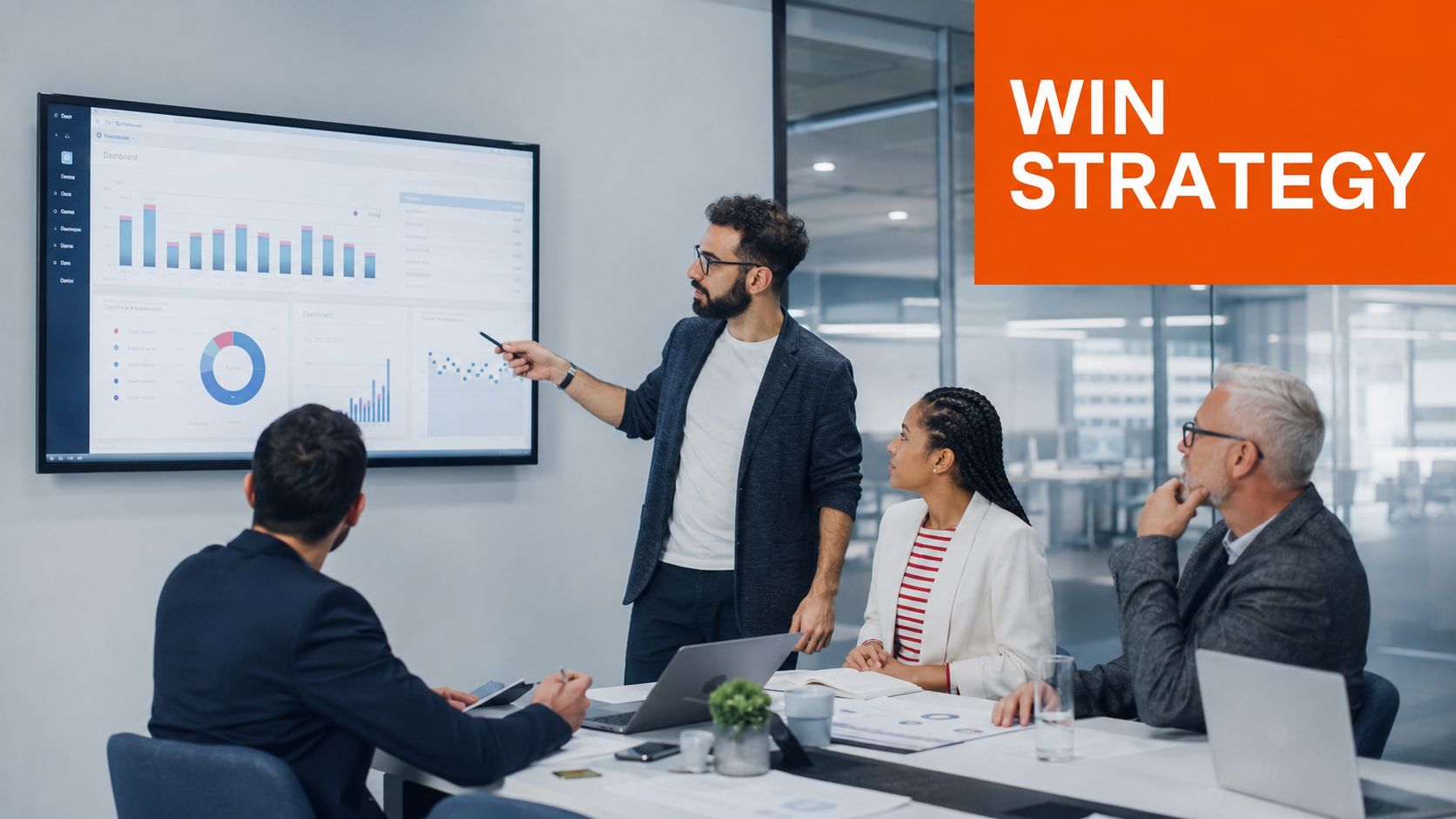 A professional team in a conference room discussing business data presented on a large wall monitor.