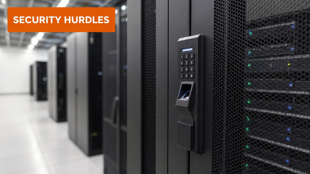 A server rack in a secure data center featuring a biometric fingerprint scanner and keypad for security.