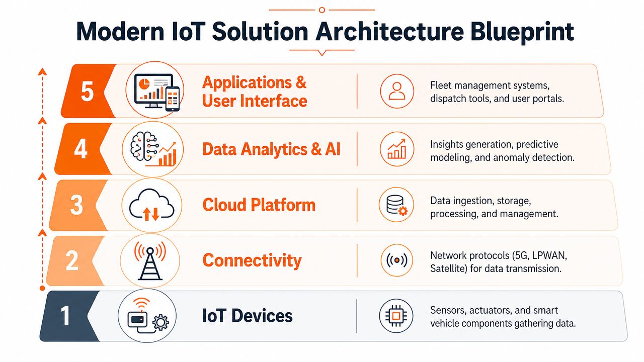 A five-layer diagram illustrating a modern IoT solution architecture for fleet management and transportation systems.