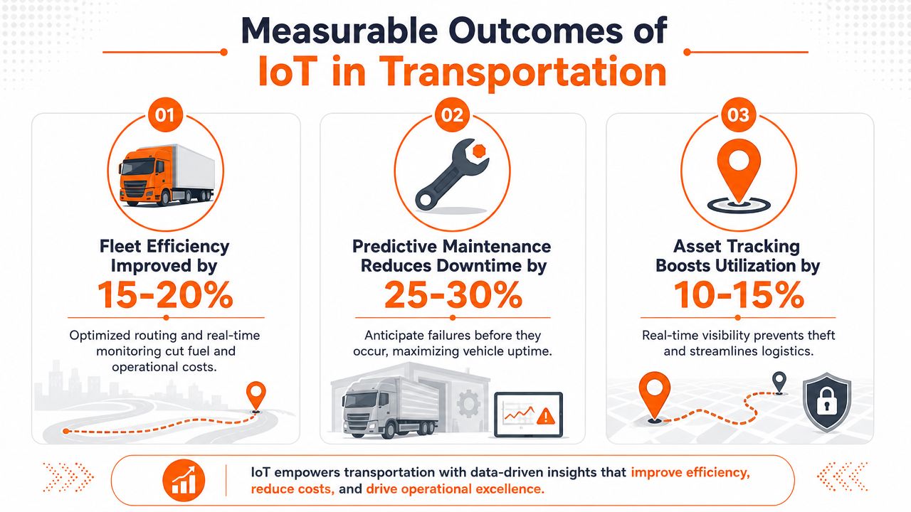 An infographic illustrating how IoT improves transportation efficiency, predictive maintenance, and asset tracking with measurable percentages.