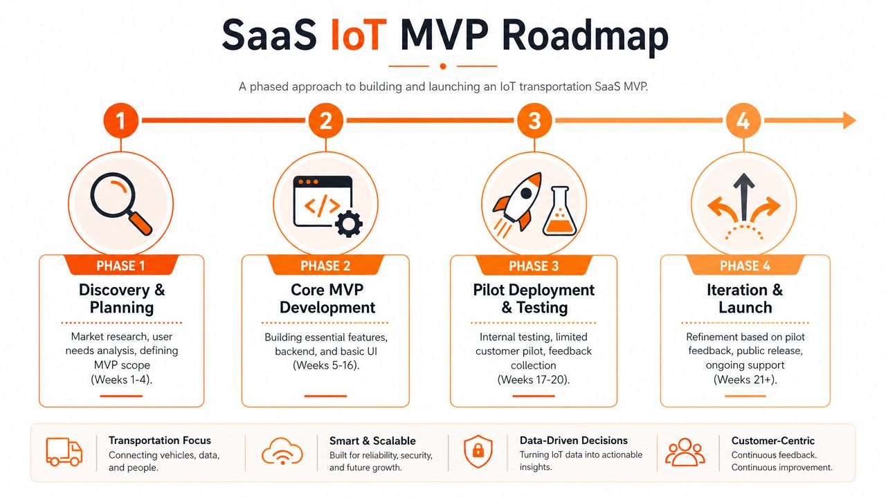 A four-phase roadmap diagram for developing and launching a SaaS IoT solution for the transportation industry.