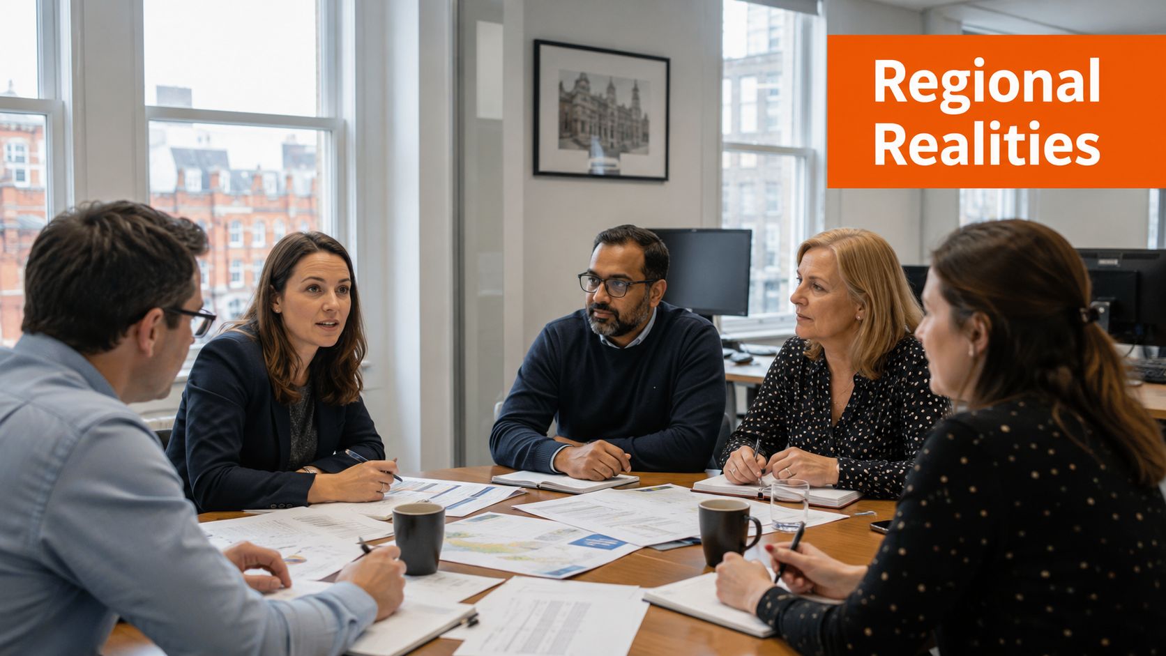 A diverse group of professionals holding a business meeting around a wooden table in a bright office.