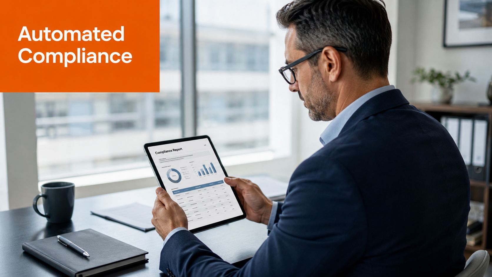 A professional man in a business suit reviewing a digital compliance report on his tablet.