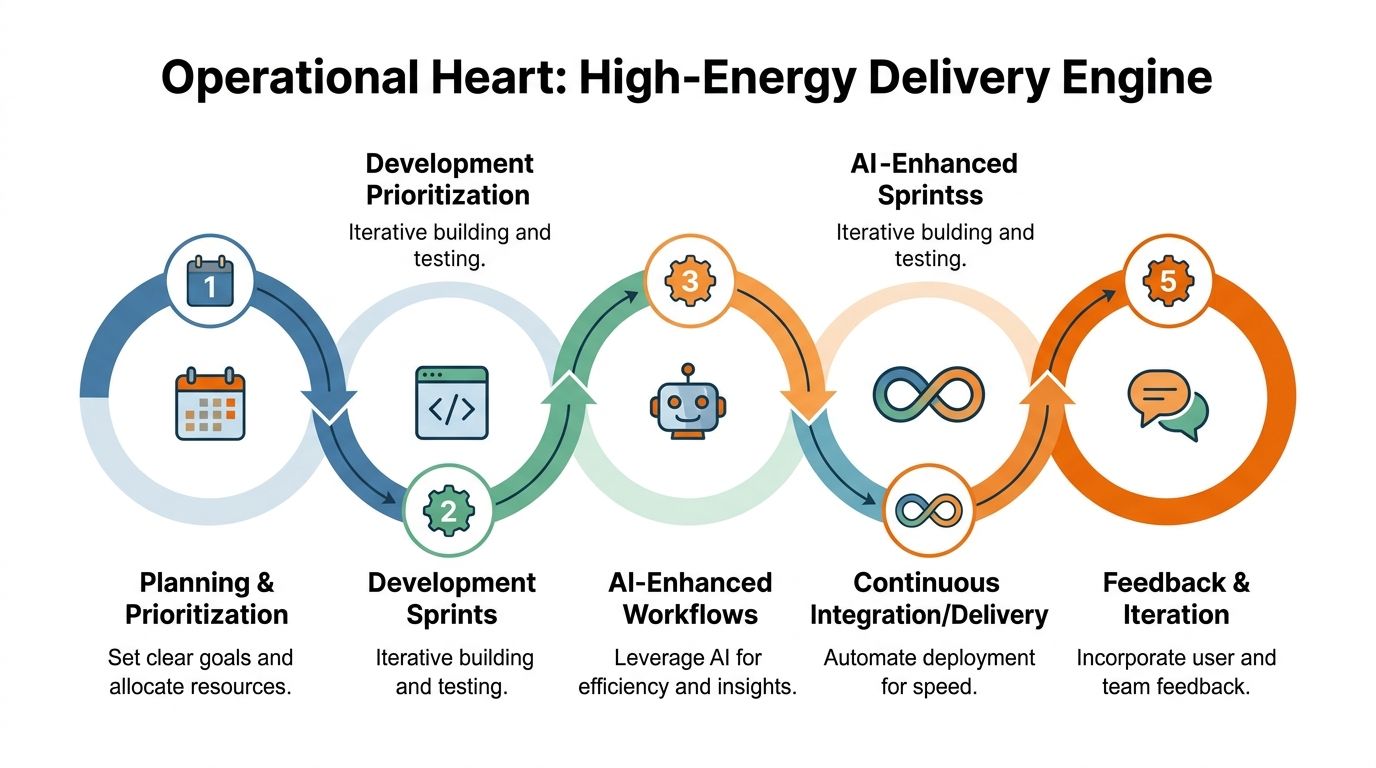 A five-step operational workflow diagram illustrating a high-energy product development engine for efficient delivery.
