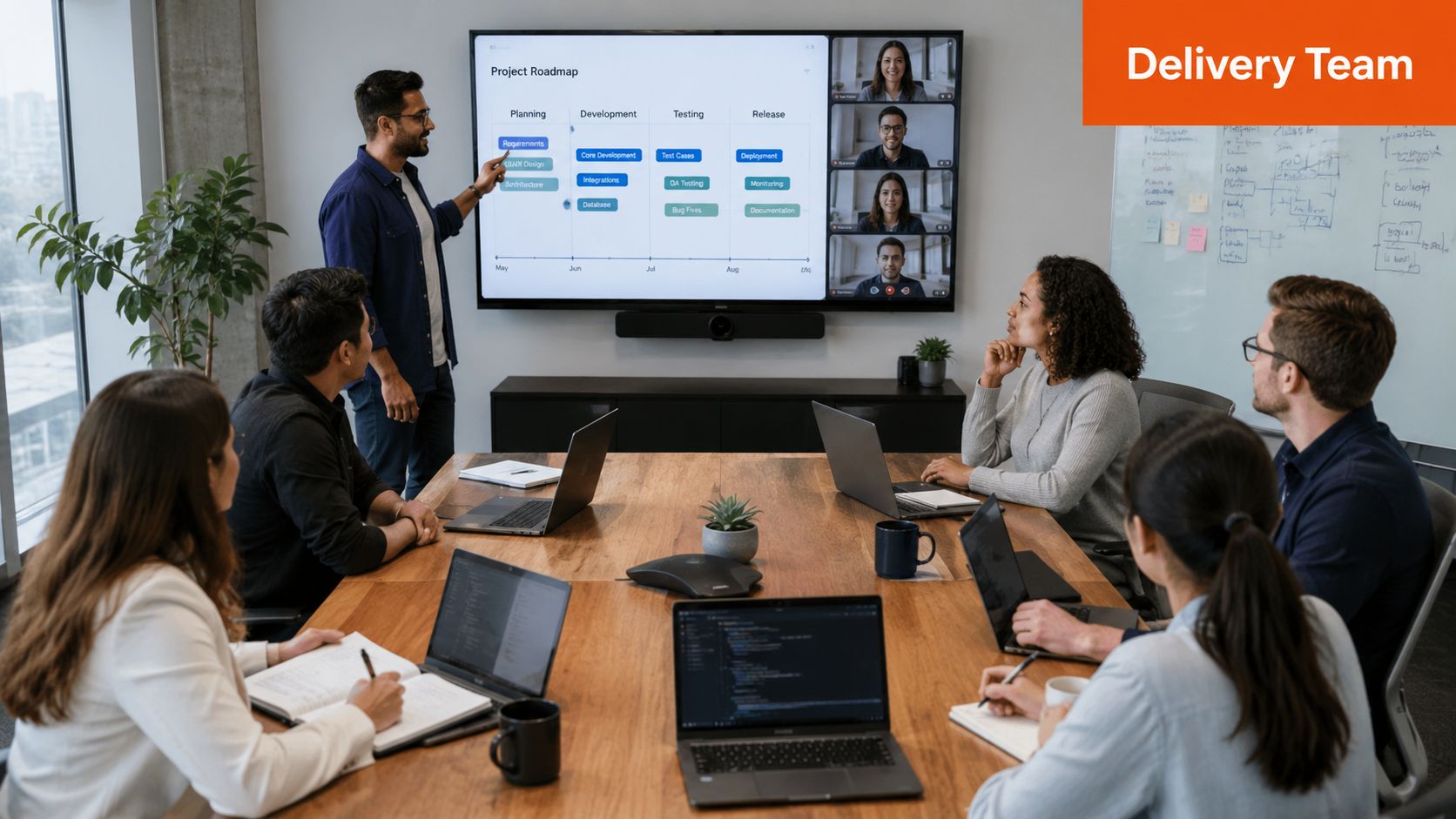 A professional team collaborating in a modern conference room during a project roadmap strategy meeting.