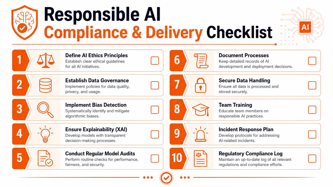 A ten-point Responsible AI Compliance and Delivery Checklist infographic with icons for ethical AI management.